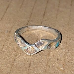 Vintage Inlaid Turquoise Ring Zig Zag Pattern